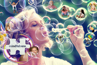 women blowing bubbles filled with memories as a puzzle piece to mindfulness