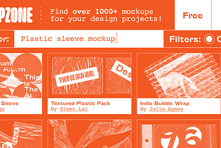 An illustration of a fictional mockup provider website. It features multiple listings of various plastic and bubble wrap mockups.