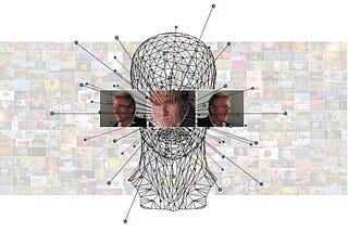 Machine learning image, with directional faces, head diagram clipart, against transparent people montage.