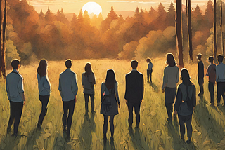 People standing in a meadow doing a privilege walk at sunset