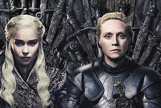 A photo of Jon Snow, Daenerys Targaryen, Brienne of Tarth and Arya Stark, each seated on the Iron Throne.