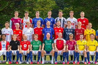 Team Norway ready for the World Cup, posing together in their childhood football club jerseys.
