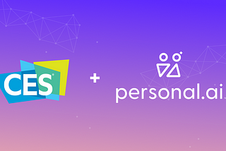 CES + Personal.ai on a purple and pink gradient background with geometric floating shapes.