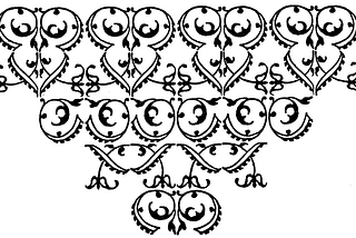 black and white embroidered looking graphic — a pattern that looks like old-timey wallpaper