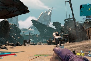 Borderlands 3 protagonist Amara stands looking out over the game’s first open world zone, with sci-fi structures looming in the distance.