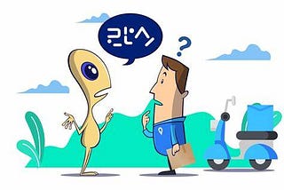 An alien asking something from a man with “?” over his head.