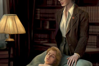 A digital painting of Eleanor wearing a tailored tweed brown suit, her brunette hair in a bun, and round gold-rimmed spectacles, standing over the sea-green chaise lounge that Eddie is lying on. Eddie has short blond hair and is wearing a white shirt. The background is a dimly-lit office with bookshelves and one floor lamp.