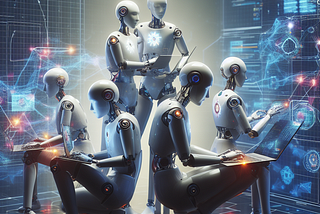 Six futuristic robots performing tasks on a next generation data center.