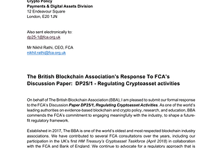 BBA Submits Evidence-Based Response to FCA’s Cryptoasset Regulation Discussion Paper (DP25/1)