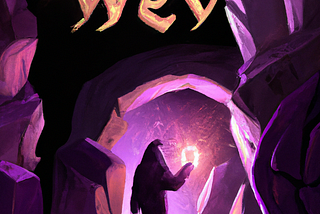 A person entering a dark cave. They are holding a torch. The cave is purple and mysterious.
