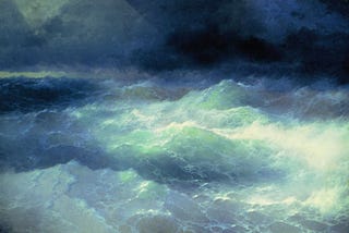 A turbulent seascape painting, illuminated by a ray of light from the top left. The majority of the image is cresting and swelling medium-blue waves, lit light green by the ray of light, with dark blue clouds and sea in the background.