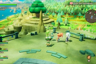 The customizable protagonist of Fantasy Life i explores the world of “Ginormosia” alongside their party, with green trees and crisp coastline stretching off into the distance.