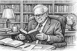 An elderly man in a suit reads a book in a cozy library, surrounded by shelves, a lamp, a globe, and a cup on the table.