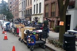This is what the exterior of an interior location scene looks like.  All shooting crew work off of carts.
