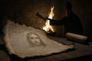 Burnt ancient gospel scroll on table with shadowy church figure burning texts in background, symbolizing suppression of human-Jesus narratives.