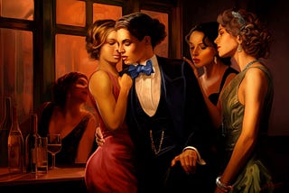 A group of fashionable women in a speakeasy. The central figure is a mannish woman in a tuxedo holding a younger woman suggestively.