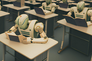 Humanoid robots sitting as desks reading books in a classroom