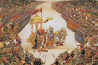The picture depicts a scene from the epic war in the Mahabharata. It illustrates the war’s vast scale and shows God himself giving profound teachings to one of his disciples in the midst of the battle.