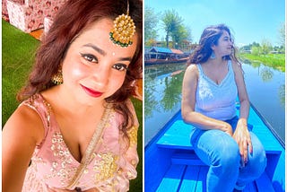 A photo collage of the author at an Indian wedding, and exploring the valley of Kashmir