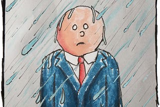 Cartoon drawing of a man in a suit standing in the rain.