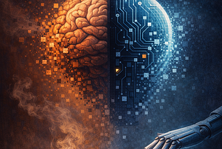 A conceptual illustration titled “When Thinking Becomes Optional” showing a large human head split vertically: One half, a realistic organic brain in warm tones, the other half, a blue-toned digital brain made of circuit patterns. At the bottom, a robotic hand types on a sleekkeyboard, contrasting with a worn, wooden pencil lying discarded and broken on a dark, dusty surface to the left.