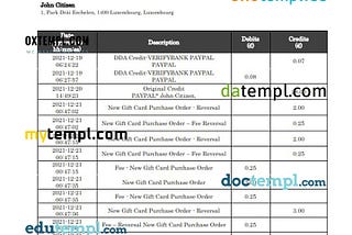 Luxembourg Fortuna Banque bank proof of address statement template in Word and PDF format, .doc