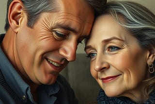 Image shows a man on the left, a woman on the right. Both of them are smiling and they lean with their foreheads against each other.