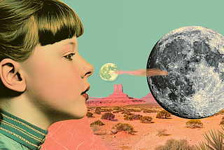 AI image created by Henrique Centieiro and Bee Lee with the new “Model Personalization” feature on MidJourney V6. collage of a little girl, desert and the moon.