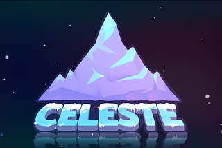 The main screen of the game Celeste. There is a mountain and the text “Celeste” is covered in snow. In the lower right corner, there’s a white circle with the letter “C” inside.