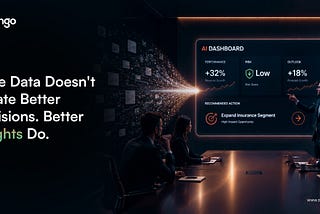 AI business dashboard displaying performance metrics and insights during a boardroom presentation, alongside the message “More Data Doesn’t Create Better Decisions. Better Insights Do.”