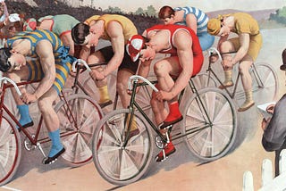 A chromolithograph showing six men in colorful clothing racing bikes on a dirt track.