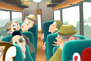 DALL·E Mar 2023: passengers talking on a train, in the style of studio Ghibli, zoom out