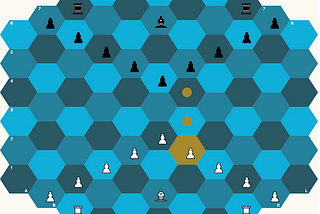 A hexagonal chess board with the selected piece shown in yellow.