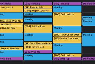 A calendar filled from 8:30am to 5:00pm with purple, yellow, and blue entries. The blue entries are labeled “Meeting” and the yellow entries are labeled with specific task names.