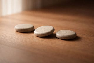 Three smooth, flat stones arranged in a horizontal line on a warm wooden surface, with the center stone slightly rotated, softly lit with shallow depth of field and blurred background.