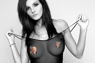 woman wearing a transparent nightie. Nipples are covered by portrait of Biden and Trump