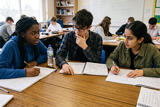 Students work together around a classroom table, revising notes and discussing a shared learning challenge.