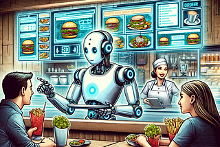 Geleceğin AI robot garsonu, yüksek teknolojiye sahip bir restoranda mutlu müşterilere yemek servisi yapıyor. Arka planda dijital menüler ve sipariş ekranları yer alıyor.