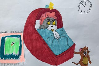 my first tom and jerry picture. of tom in a cradle jerry leaning on the side.