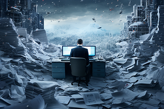 Digital image of a man sitting at a computer desk surrounded by a city strewn with piles and piles of books and papers, symbolic of a person using ChatGPT. Image created by Karistina Lafae using Midjourney.