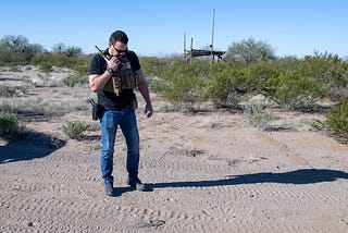A Shadow Wolf calling in his sightings of footprints and vehicle tracks in Sells, Arizona, February 10, 2023. Photo by U.S. Immigration and Customs Enforcement