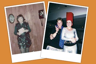 Snapshots of me in my costumes. Left, dressed as a little green sprout; right as a giant lipstick.