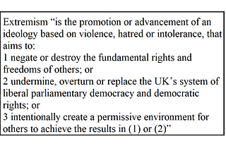 Extremism is the promotion or advancement of an ideology based on violence, hatred or intolerance, that aims to: 1 negate or destroy the fundamental rights and freedoms of others; or 2 undermine, overturn or replace the UK’s system of liberal parliamentary democracy and democratic rights; or 3 intentionally create a permissive environment for others to achieve the results in (1) or (2).