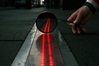 A red line of lights running towards a mirror, which reflects them at a slightly different angle. A hand holds the mirror. The background is a dark street.