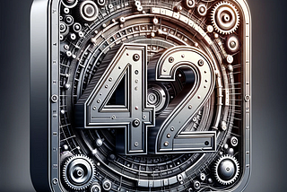 DALL-E 3. Prompt: Illustration of a square flyer with a reflective metallic surface. The number ‘42’ is prominently embossed in the center, giving it a 3D effect. Surrounding the number, there’s a detailed array of moving gear mechanisms and pulsating digital nodes, emphasizing its significance. From the number, intense beams of light radiate outward, producing dynamic shadows on the metallic backdrop. Positioned at the bottom center of the flyer is the phrase ‘The answer’, alluding to Douglas A