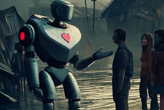 Humanitarian robot talks to its human friends in a flooded town.