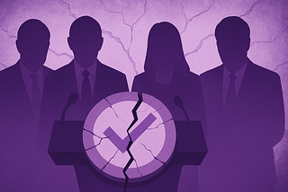 Silhouetted figures of four U.S. senators stand behind a cracked podium with a broken checkmark symbol, depicted in purple hues to convey dysfunction.