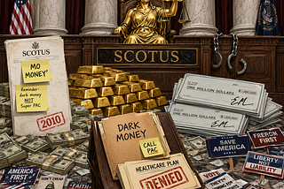 Inside Supreme Court. Gold statue of lady justice sits on bench. Gold bars, large piles of $100 bills and piles of $1 million checks signed by “EM” are on floor in front of bench. Political mailers and yard signs scattered on floor. “SCOTUS” letterhead with 2 Post it notes on it says “MO MONEY’” and “Reminder: use dark money group NOT Super PAC”. Red stamp on paper says “2010.” Unlocked shackles hang off bench. File folders labeled DARK MONEY and HEALTHCARE PLAN stamped in red DENIED.