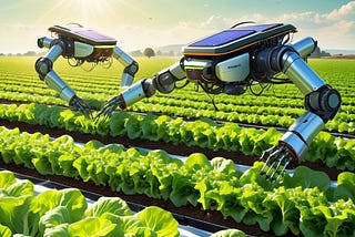 Farming robots working in a field, contributing to sustainable agriculture by optimizing resource usage and promoting environmental stewardship.