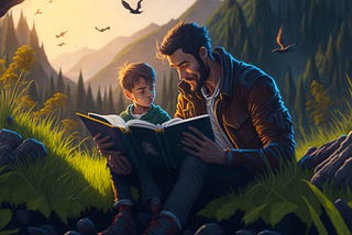A beautiful illustration of a father and son reading a big book together amidst lush green fields and flying birds in nature